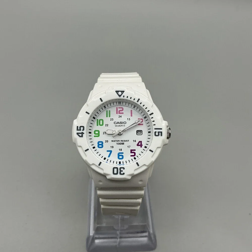 Casio White Quartz Watch with Multicolor Numerals